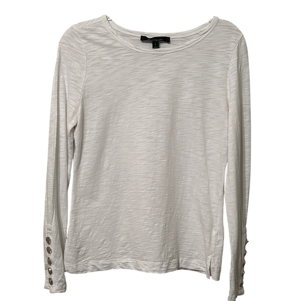 White House Black Market Slub Knit Long Sleeve‎ Top White Crest Button Cuffs L